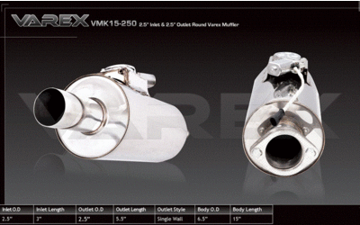 Universal Muffler 2.5" Centre/Centre - 15" Long x 6.5" ROUND - VAREX Valved 