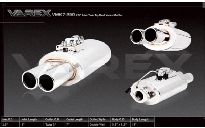 Universal Muffler 2.5" In/Dual 3" Tips - 9.5" x 5.5" x 15" Long OVAL VAREX Valved