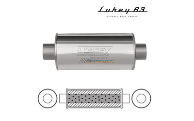 LUKEY 63 Stainless Muffler 2.5"C/C 14" long 6" round Megaflow