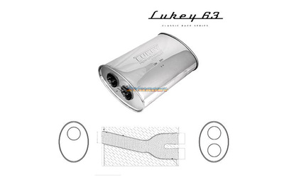 LUKEY 63 Stainless Muffler 2.5" 14" long 10 X 5 Oval with twin 2.25 outlets Megaflow                    