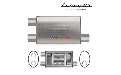 LUKEY 63 Aluminised muffler 2.5" single in & twin out 19" long 10 x 4.1/2 Super turbo