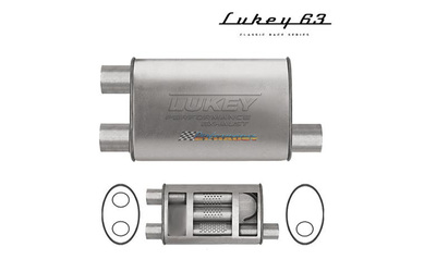 LUKEY 63 Aluminised muffler 2.5" single in & twin out 19" long 10 x 4.1/2 Super turbo                  