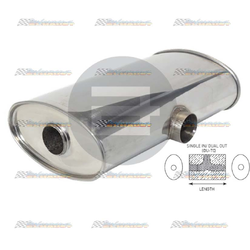 Universal Muffler 2.5" Side In/Dual 2.25" Out - 10" x 5" x 16" OVAL - Megaflow