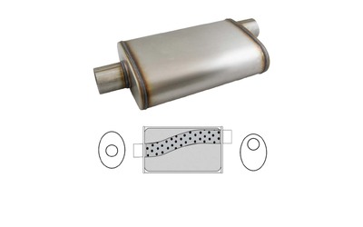 UNIVERSAL 409 GRADE STAINLESS MUFFLER 2" INLET/OUTLET O/C 14" LONG 9"x4" OVAL