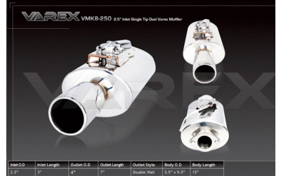 Varex muffler 15" long 9.5" wide x 5.5" high and 2.1/2" in and 4" out